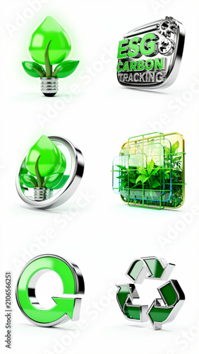 Eco friendly green energy icons with nature symbols and recycling graphics representing sustainability and environmental conservation