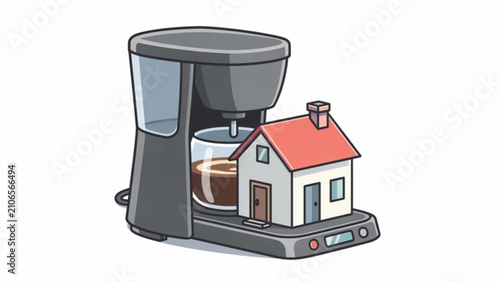 coffee maker with miniature house on countertop in modern kitchen setting for home brewing and lifestyle use