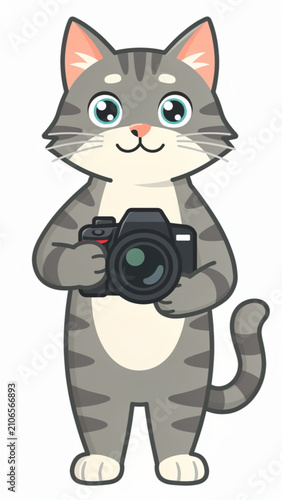 Cute gray tabby cat holding a professional camera with blue eyes and pink ears in a bright environment perfect for photography and pet themes