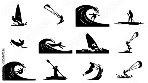 Sailboarder Icon Set in Monochrome Vector Silhouettes with Dynamic Poses and Textured Wave Bases Featuring Surfer, Surfing