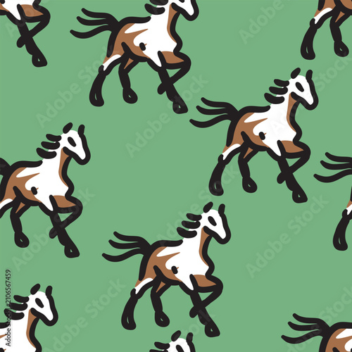 Billede på lærred Seamless hand drawn pattern featuring brown and white horses on a green background