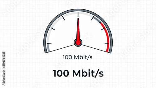 Close-up of high-speed internet speedometer gauge with red needle indicating fast data transfer in digital technology concept