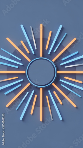 Colorful Neon Spiral Structure Abstract Design with Blue and Orange Light Beams on Blue Surface