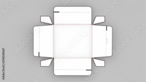 Empty white packaging box with foldable flaps for product shipping and storage on a plain gray background