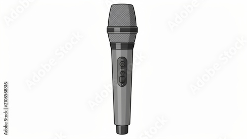 Professional handheld microphone in gray with black accents for audio recording and speech presentation set against a white background
