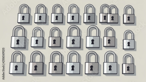 Collection of various open and closed padlocks in different sizes and shades of gray on a plain background for security and protection concepts