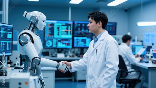 Human and Robot Collaboration in a High-Tech Lab: A scientist in a lab coat shakes hands with a sophisticated robot in a modern laboratory setting, with screens displaying data in the background.