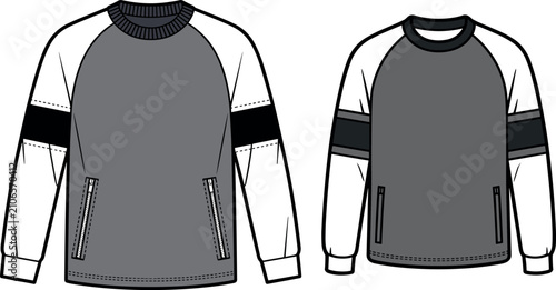 Casual unisex long sleeve color block raglan sweatshirt featuring front zipper pockets and sleeve stripe details for apparel manufacturing vector flat sketch