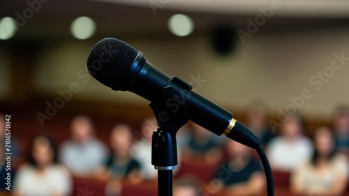 Spotlight Microphone: A black microphone stands ready on a stand, aimed at an unseen speaker, with a blurred audience seated in the background.
