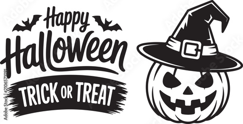 Canvastavla Happy halloween trick or treat jack o lantern with witch hat