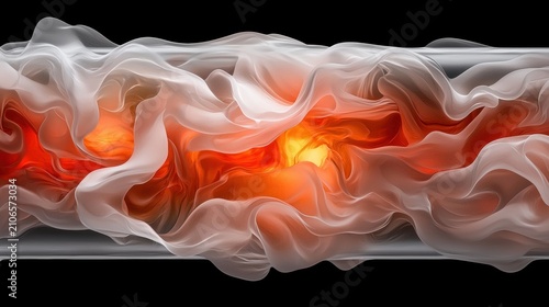A digital illustration of a flowing, abstract design with swirling patterns of white, orange, and red.