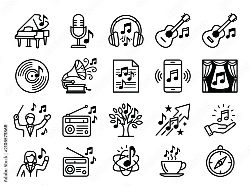 Fototapeta premium Music Icons Collection: Piano, Guitar, Microphone, Headphones, Vinyl, Notes