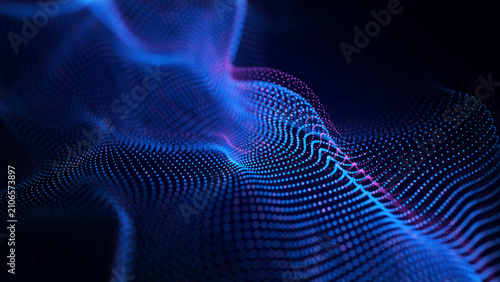 Blue and purple dotted particle wave on dark background. Abstract digital surface with flowing curves, soft depth and glowing data pattern for technology, signal and modern design.