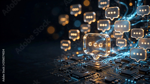 Glass chat bubbles floating over a detailed circuit board with neon light, perfect for digital communication, artificial intelligence and tech support.