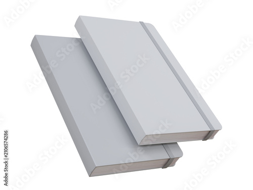 3D Hardcover Notebook mockup with an elastic band isolated on white background. Professional stationery template for branding, publishing, journaling, office supplies, and print presentation design