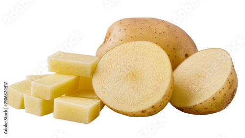 Fényképezés Isolated whole potato, fresh half-cut and diced raw vegetable pieces for cooking