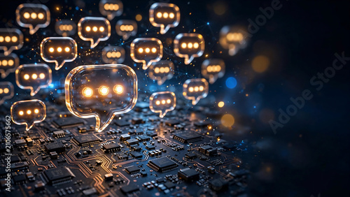 Glowing glass speech bubble icons rising from electronic circuit board, perfect for digital communication, network connectivity and chat technology.
