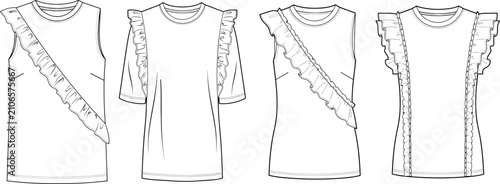 Elegant ruffle trim sleeveless dress and t-shirt technical sketch featuring asymmetrical frill details for fashion design template vector illustration