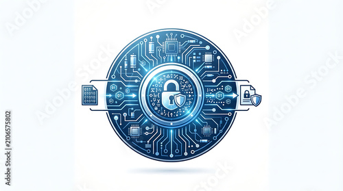 Digital data encryption concept featuring glowing circuit board circular interface secure