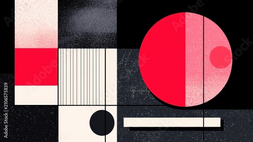 Abstract geometric design with bold colors and contrasting shapes.