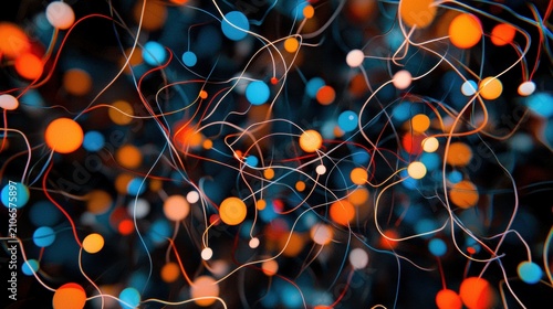 A network of orange and blue circles connected by white lines.
