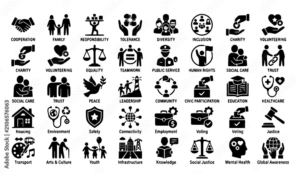 Naklejka premium Society solid icons vector community values pack