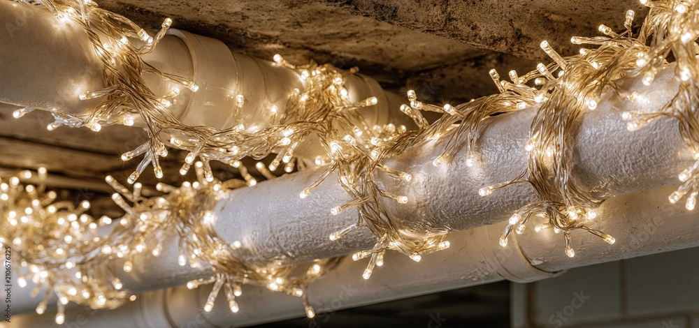 Fototapeta premium Exposed basement pipes adorned with glowing fairy lights add a cozy, festive atmosphere for holiday decorating.
