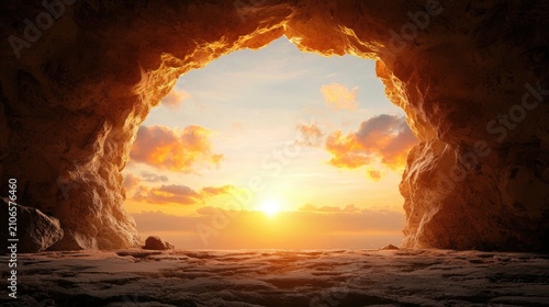 A cave opening reveals a breathtaking sunset over a body of water.