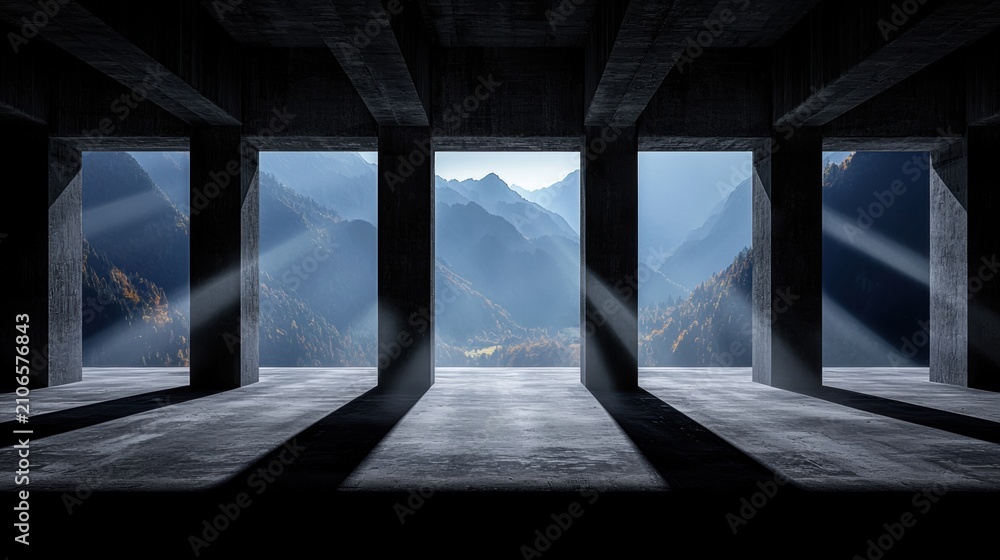Fototapeta premium A room with a concrete floor and a view of mountains.