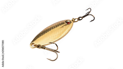 Foto Plastic artificial fishing plug golden crankbait lure tackle hook isolated on tr