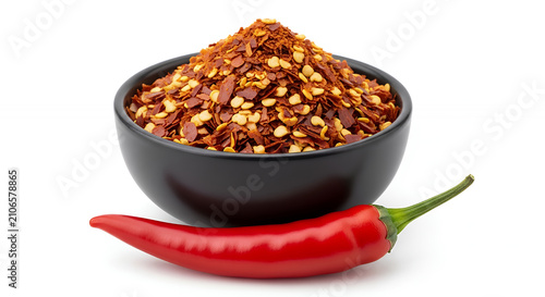 A matte black bowl filled with crushed chili flakes, accompanied by a whole red chili pepper, isolated on a pure white background