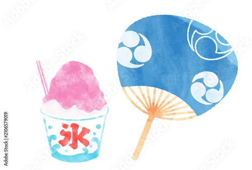 Foto あおいうちわとお祭りのかき氷の水彩イラスト