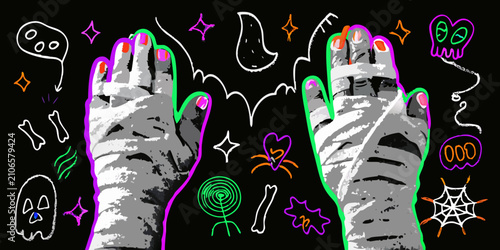 Mummy hands illustration with halloween doodles on a black background
