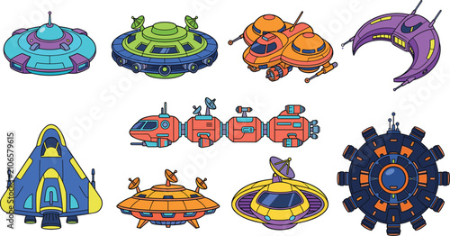 Colorful Futuristic Spaceships Flying Saucers and Orbital Stations Cartoon Vector Collection