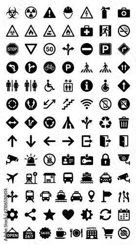 Set of Black and White Icons for Safety, Navigation, and Information