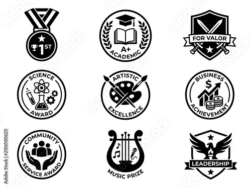 Set of Achievement Badges: Education, Science, Art, Business, Community, Music, Leadership