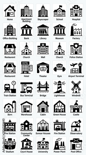 Set of Black and White Building Icons: Home, Office, Hospital, School, Factory, Castle