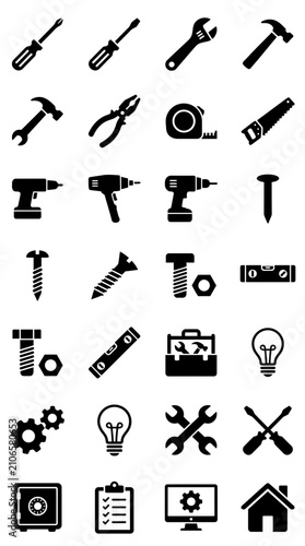 Set of black and white icons for tools and repair, DIY, construction, and engineering.