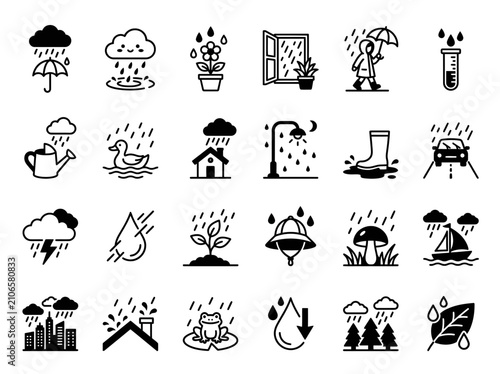 Rain Icons Set: Weather, Seasons, and Nature Symbols Collection