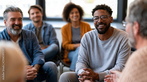 Photorealistic candid lifestyle scene of a diverse group of five people of different ages and ethnicities sitting in a supportive circle on chairs in a bright community room, natur