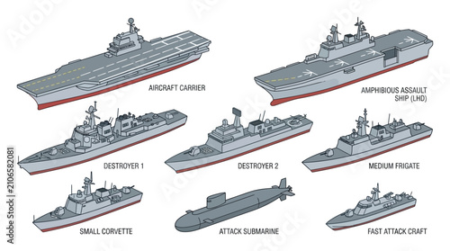 Schilderij op canvas Naval Vessels Illustration Aircraft Carrier Destroyer Frigate And Submarine