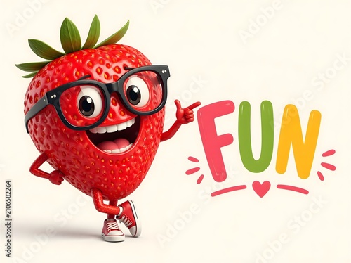 A Cute Animated Strawberry Character Wearing Glasses And Sneakers Points Towards Colorful Fun Text
On A Clean Light Background Creating A Playful And Cheerful Design