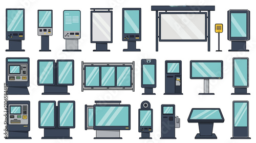 Fotografía Digital kiosk collection vector illustration with light blue screens and gray ba