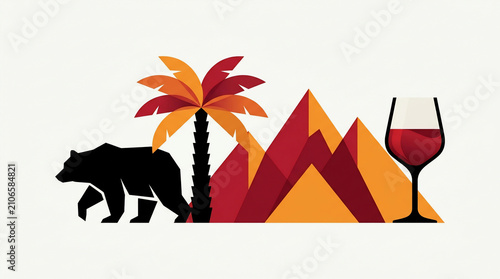 Minimalist vector illustration of bear, palm tree, mountains and wine glass, vibrant flat design, suitable for travel branding, editorial and art.