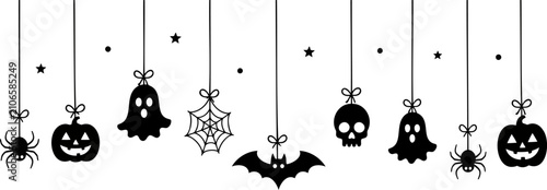 Halloween hanging ornament border, ghosts pumpkins bats and spiders, black silhouette garland, isolated Vector illustration party invitation isolated on  white background