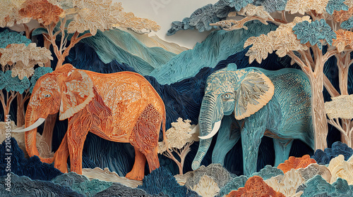 elephant with view in papercut style