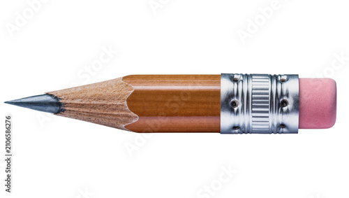 Fotografi Isolated short wooden pencil with a sharp graphite lead and pink eraser on metal