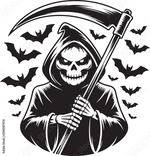Fotografie Grim reaper holding scythe with flying bats illustration
