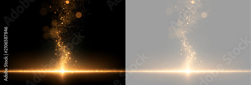 Canvas Print Golden light particles rising from a horizontal line