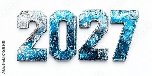 Shiny Metallic Silver Dimensional Digits Representing the New Year 2027 Isolated on White Backdrop